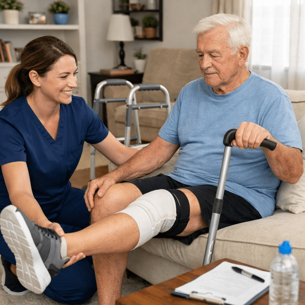 Senior man post knee surgery receiving physiotherapy in home setting